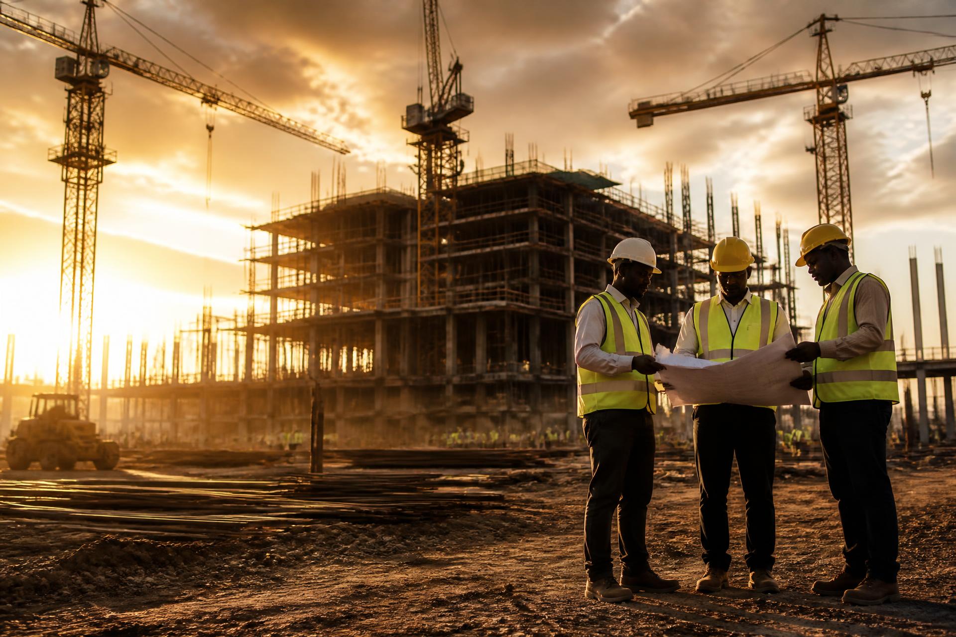 Engineers reviewing drawings on a PC Empire infrastructure site at sunset